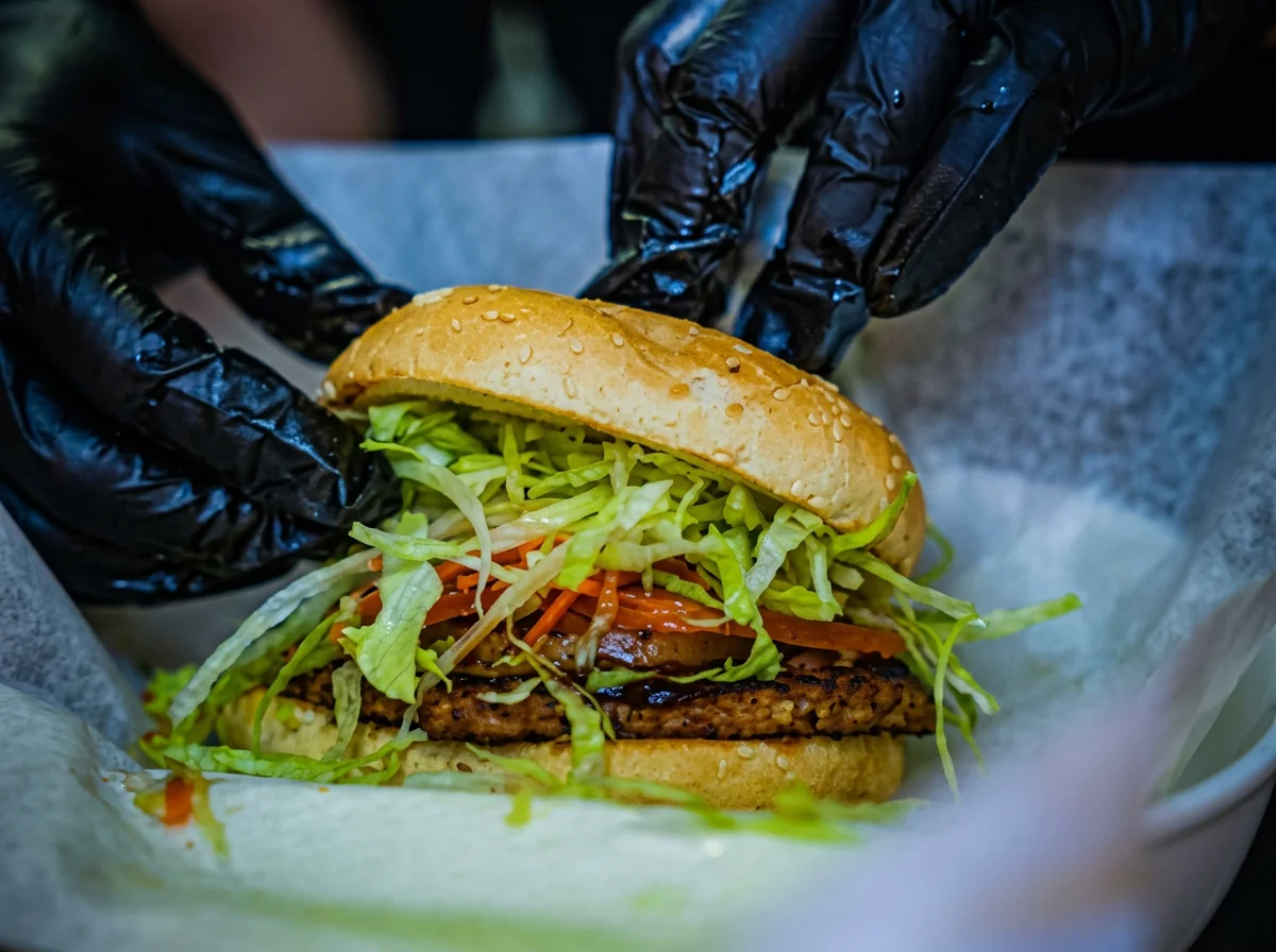 A loaded burger being assembled